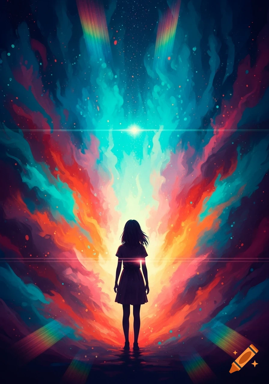 A lone girl's silhouette stands before a vibrant, abstract background of swirling red, orange, and blue hues, with stars and light rays.