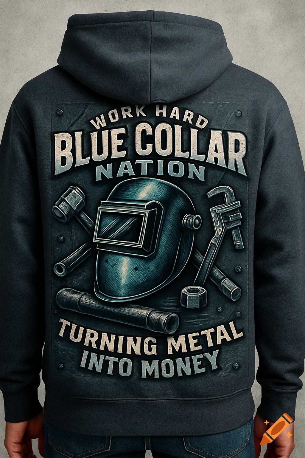Back of a dark grey hoodie with a blue-collar graphic featuring a welding helmet, tools, and text 'WORK HARD BLUE COLLAR NATION TURNING METAL INTO MONEY'.