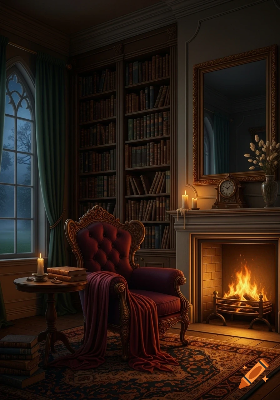 A cozy dark academia style room with a red armchair, a burning fireplace, a large bookshelf, and a window looking out to a misty night.