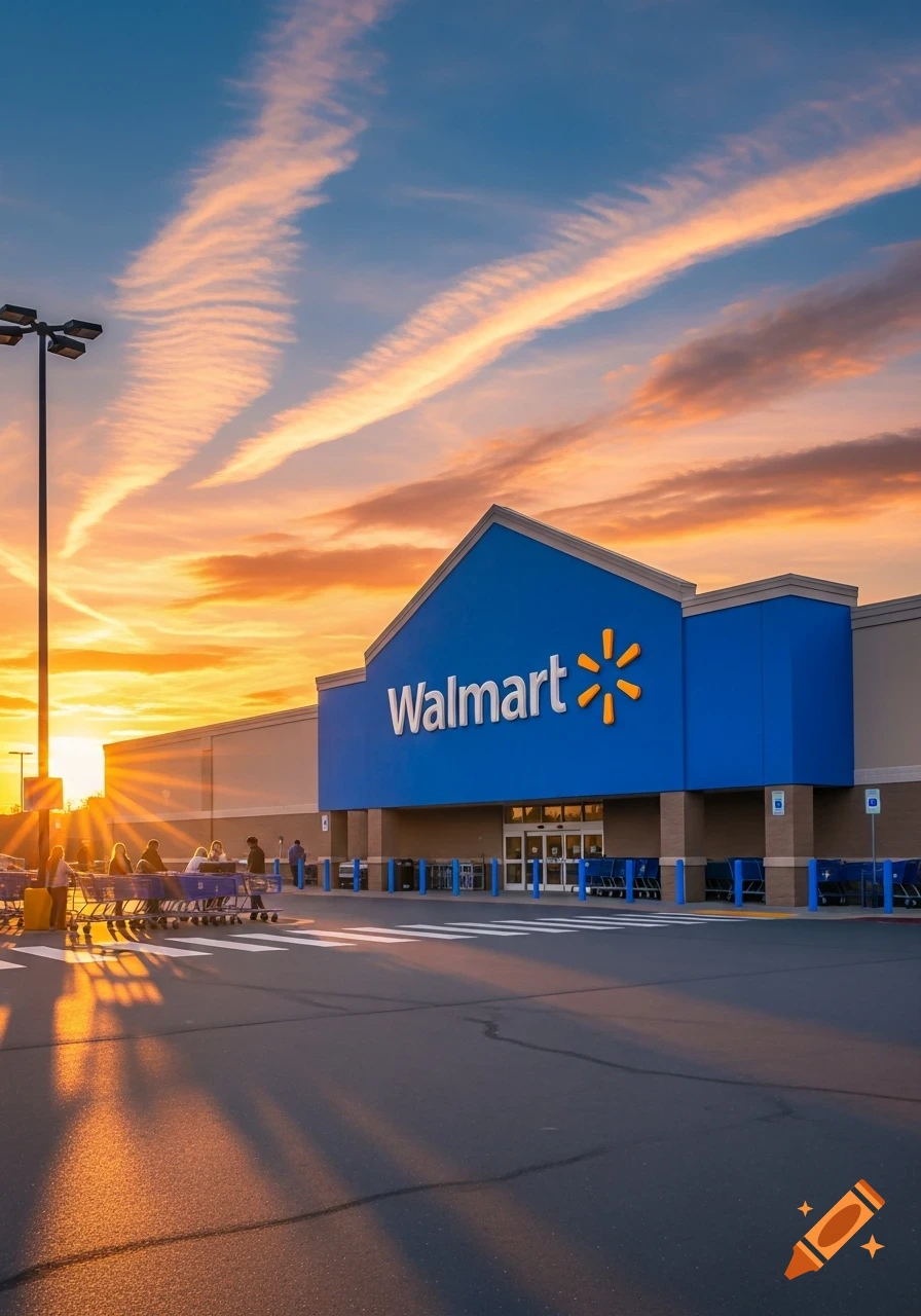 A Walmart store at sunset, with a vibrant orange and blue sky featuring wispy clouds, and people with shopping carts.