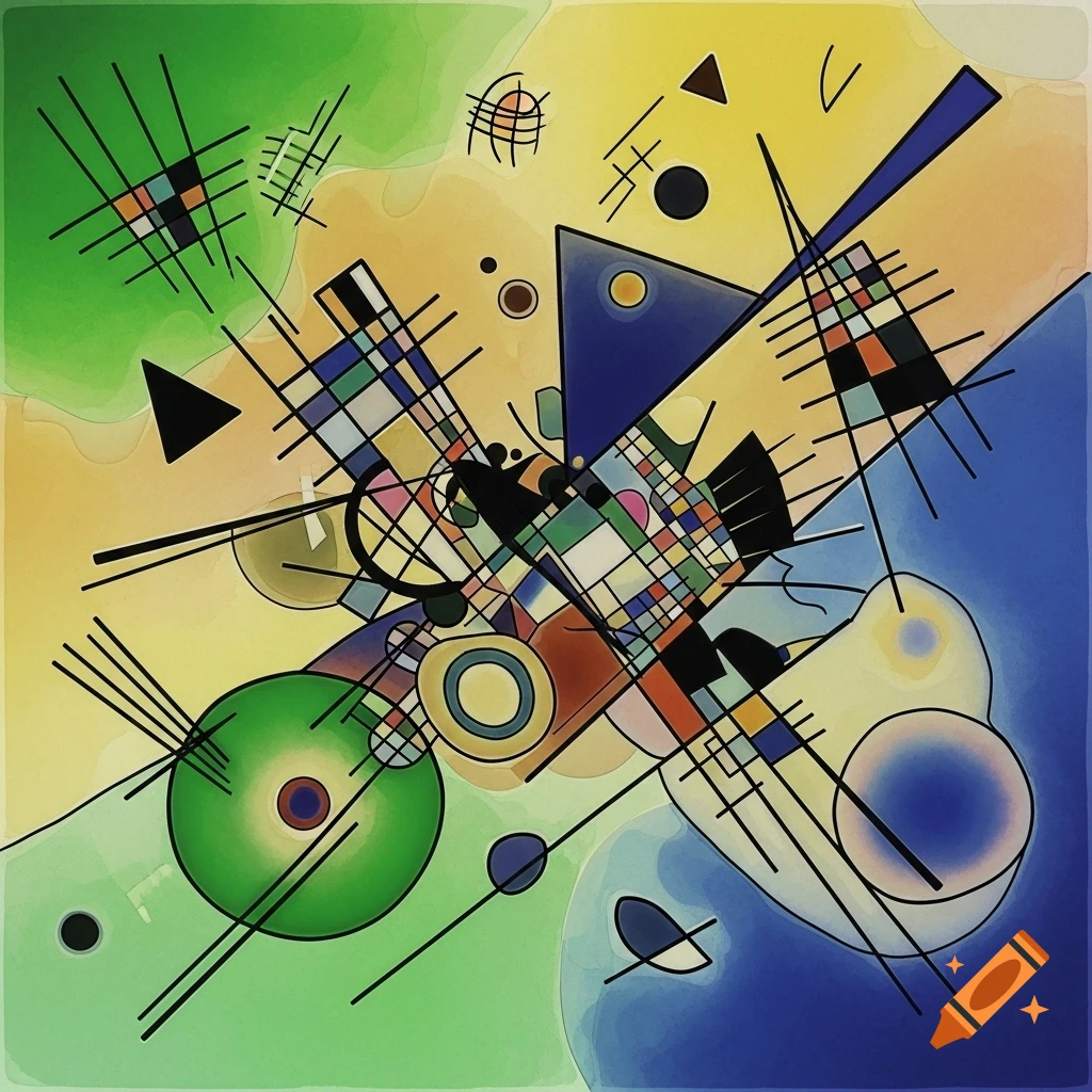 Abstract art in the style of Kandinsky with geometric shapes and lines in green, yellow, and blue.