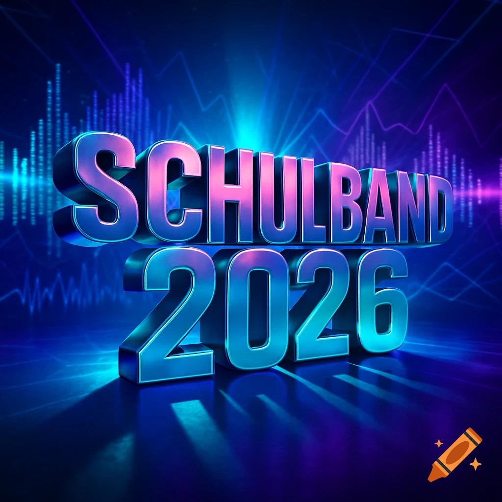 3D metallic text "SCHULBAND 2026" glowing with blue and pink neon light against a futuristic background with sound waves.