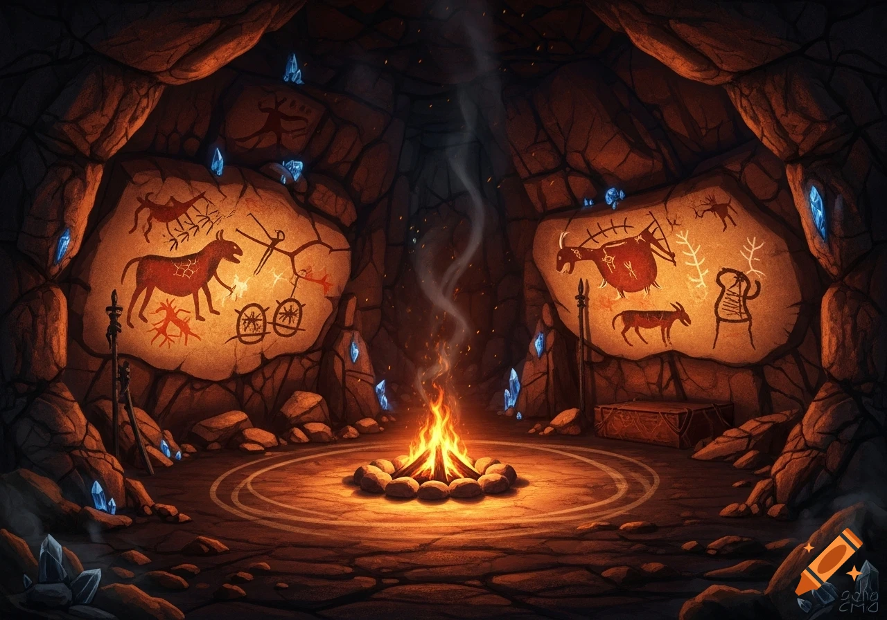 A stylized cave interior with glowing blue crystals, a central campfire, and two large sections of cave paintings depicting animals and stick figures.