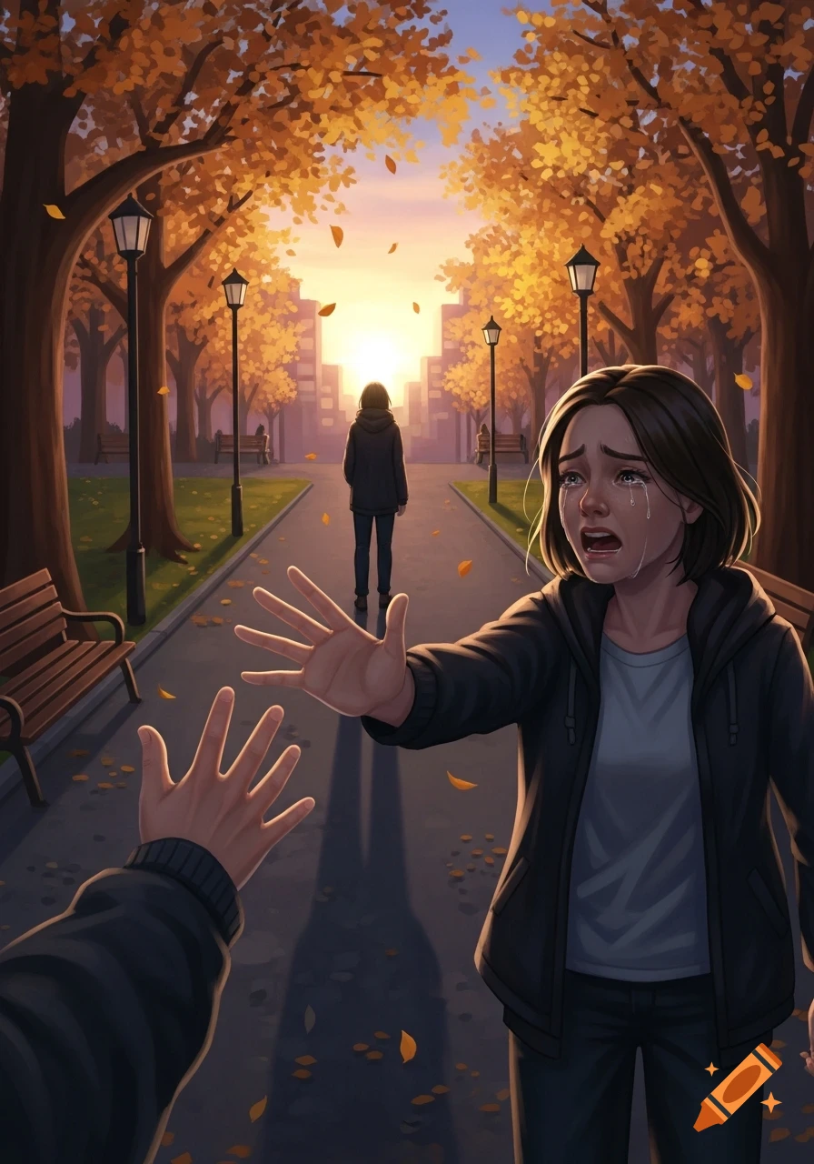 A crying woman reaches out with both hands towards a person walking away down an autumn park path at sunset.