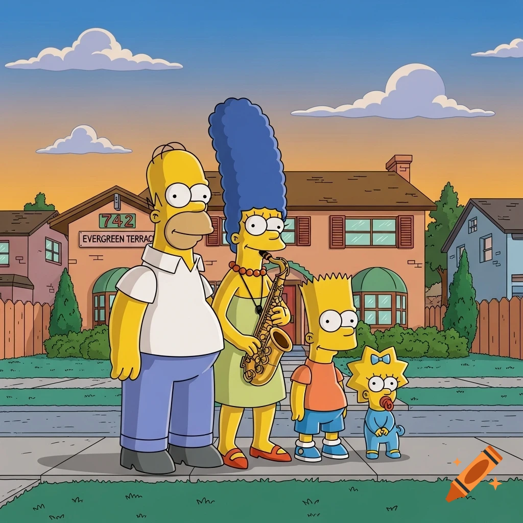 The Simpsons family, Homer, Marge, Bart, and Maggie, stand on a sidewalk in front of their house at sunset, Marge holding a saxophone.