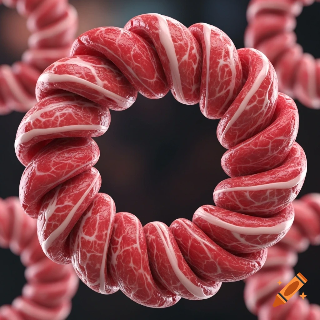 A circular, spiraling ring made of raw red meat with white fat marbling, on a dark background.