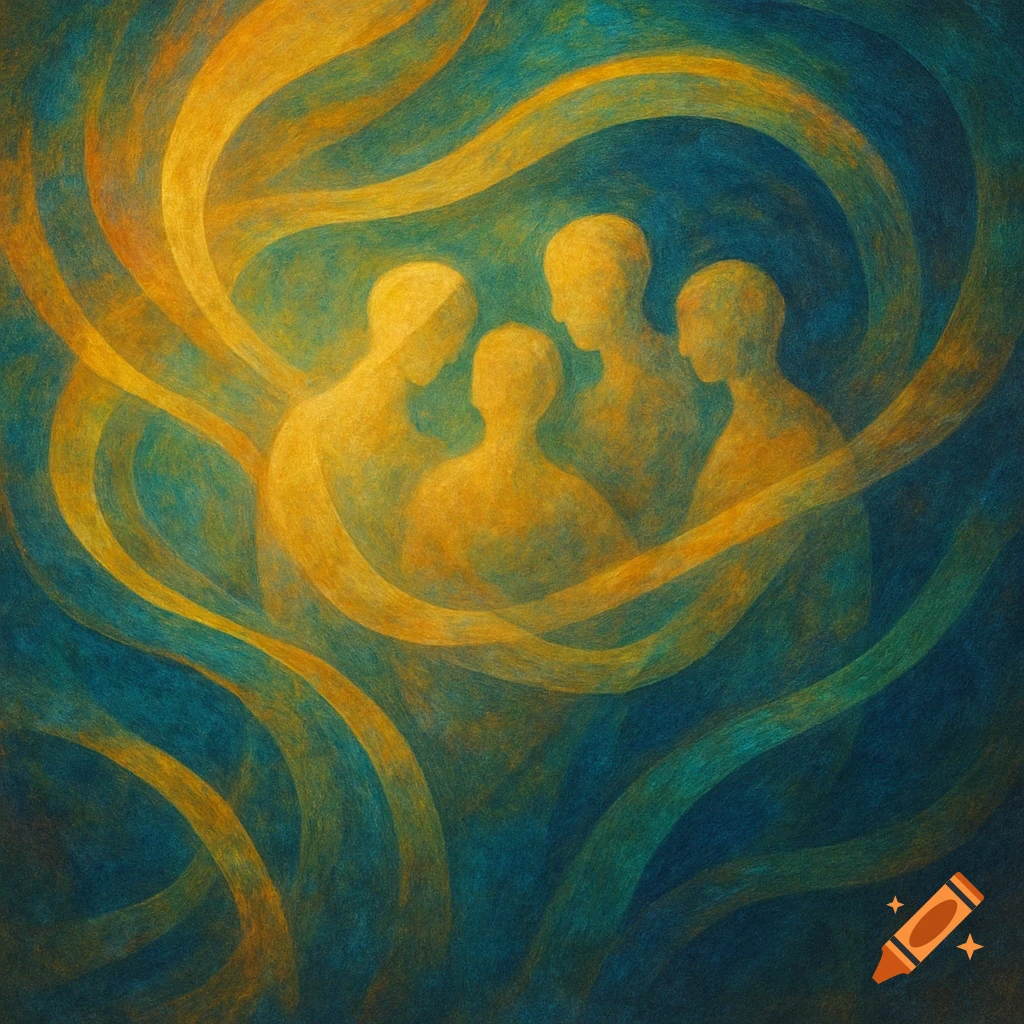 Abstract painting of four luminous golden figures entwined by swirling golden light on a textured deep teal background.