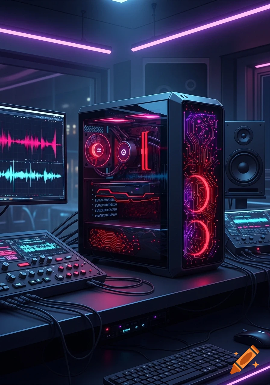 A futuristic computer setup with a glowing PC case displaying circuit patterns, monitor showing waveforms, and sound equipment, lit by neon pink and blue.
