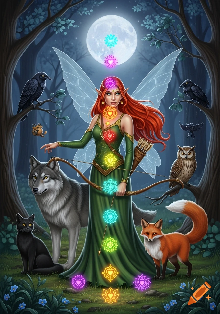 A red-haired forest fairy with elf ears, a bow, and glowing chakras stands with a wolf, fox, black cat, owl, and raven under a full moon in an enchanted forest.