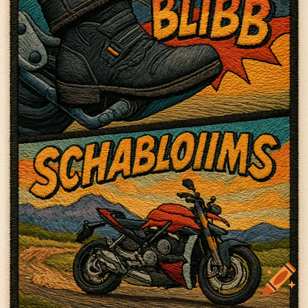 Embroidered comic art featuring a motorcycle boot, 'BLIBB' text, and a red Ducati Streetfighter with 'SCHABLOIIMS' in a mountain setting.