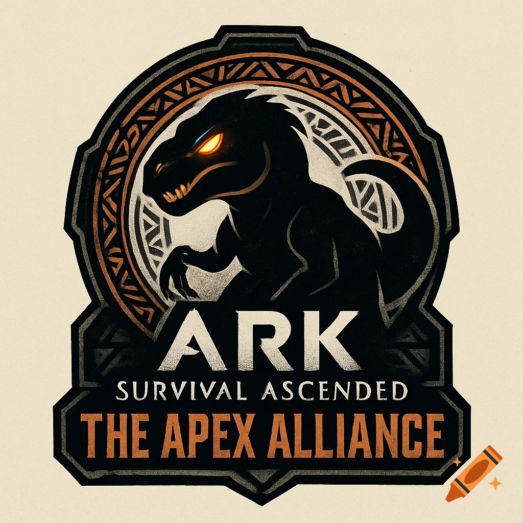 A stylized black dinosaur logo with glowing orange eyes, tribal patterns, and the text 'ARK SURVIVAL ASCENDED THE APEX ALLIANCE' on a light background.