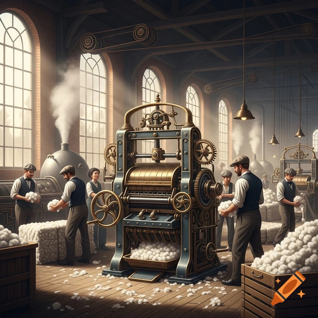 Men operate a large, detailed cotton gin machine in an Industrial Revolution-era factory.