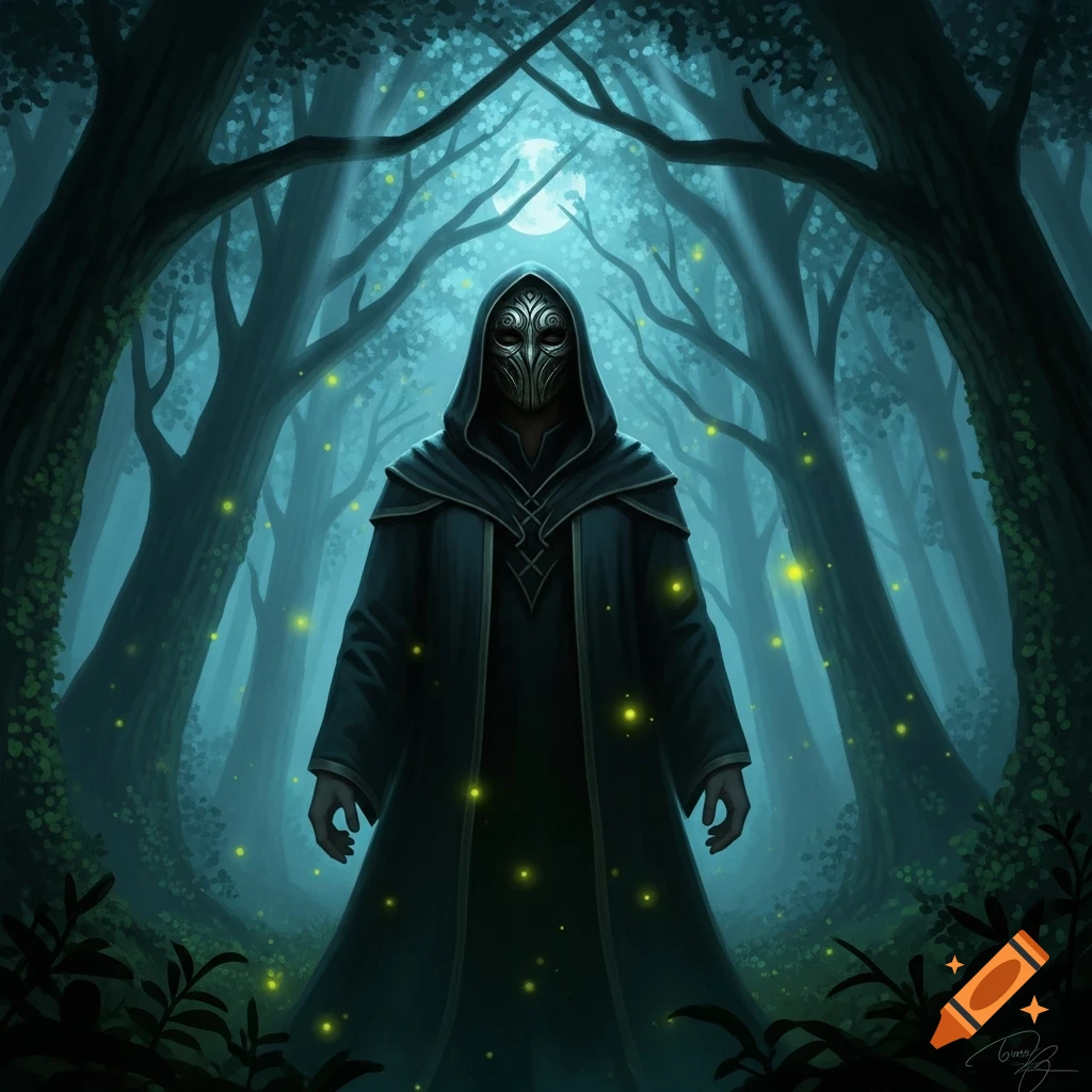A mysterious hooded figure wearing an ornate metallic mask stands in a dark, moonlit forest with glowing fireflies.