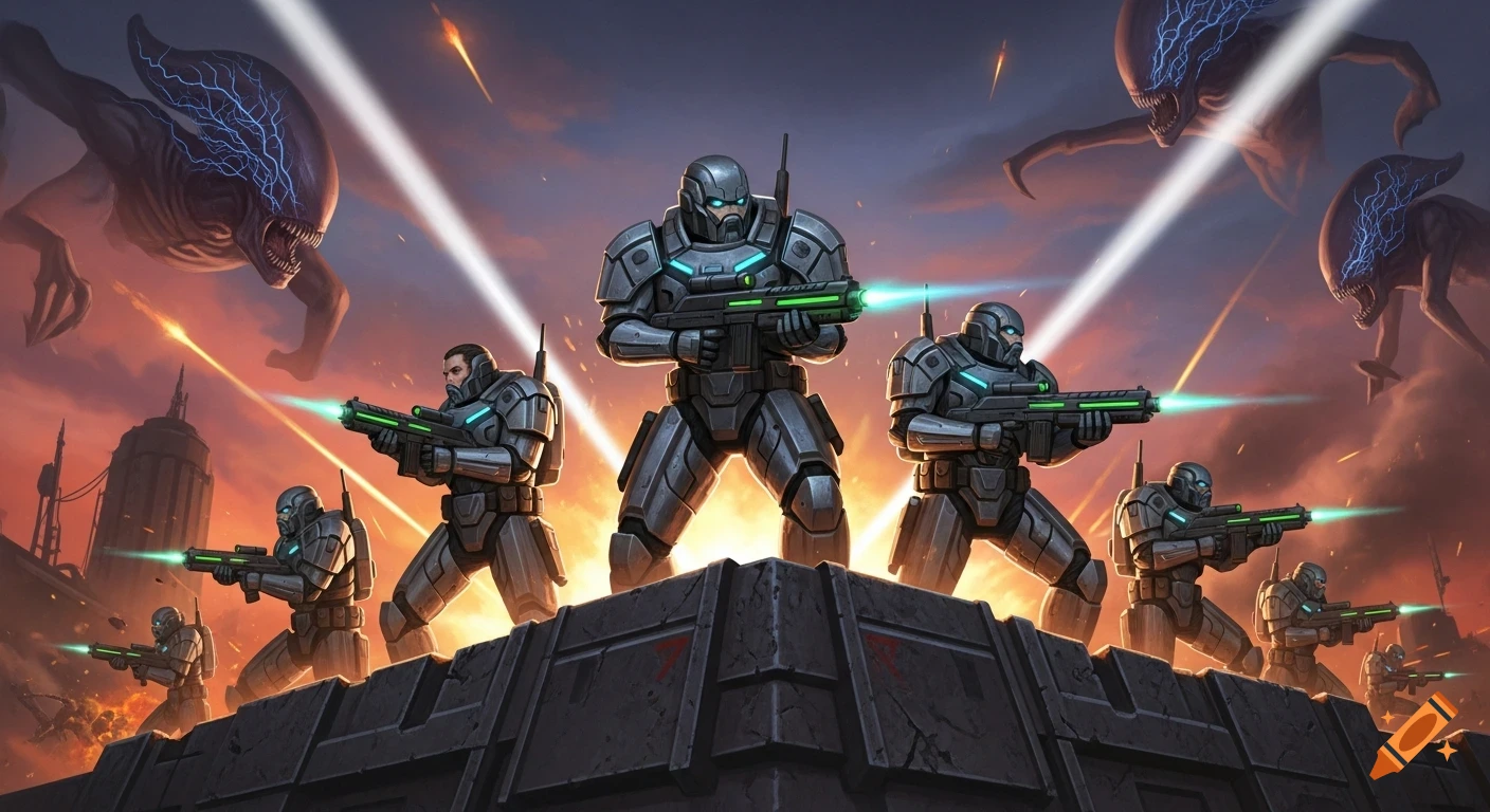 Futuristic soldiers in armor defend a wall from alien creatures during ...