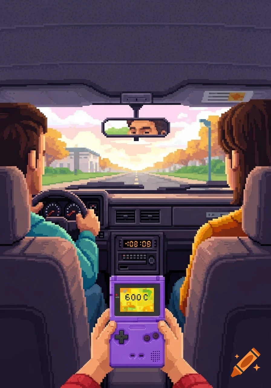 16-bit pixel art of a child playing a Game Boy in the back seat of a car, parents in front, driving on a sunny road.
