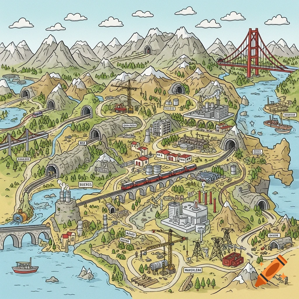 A detailed, hand-drawn cartoon map of Switzerland with mountains, rivers, lakes, cities, tunnels, bridges, railways, power plants, and construction sites.