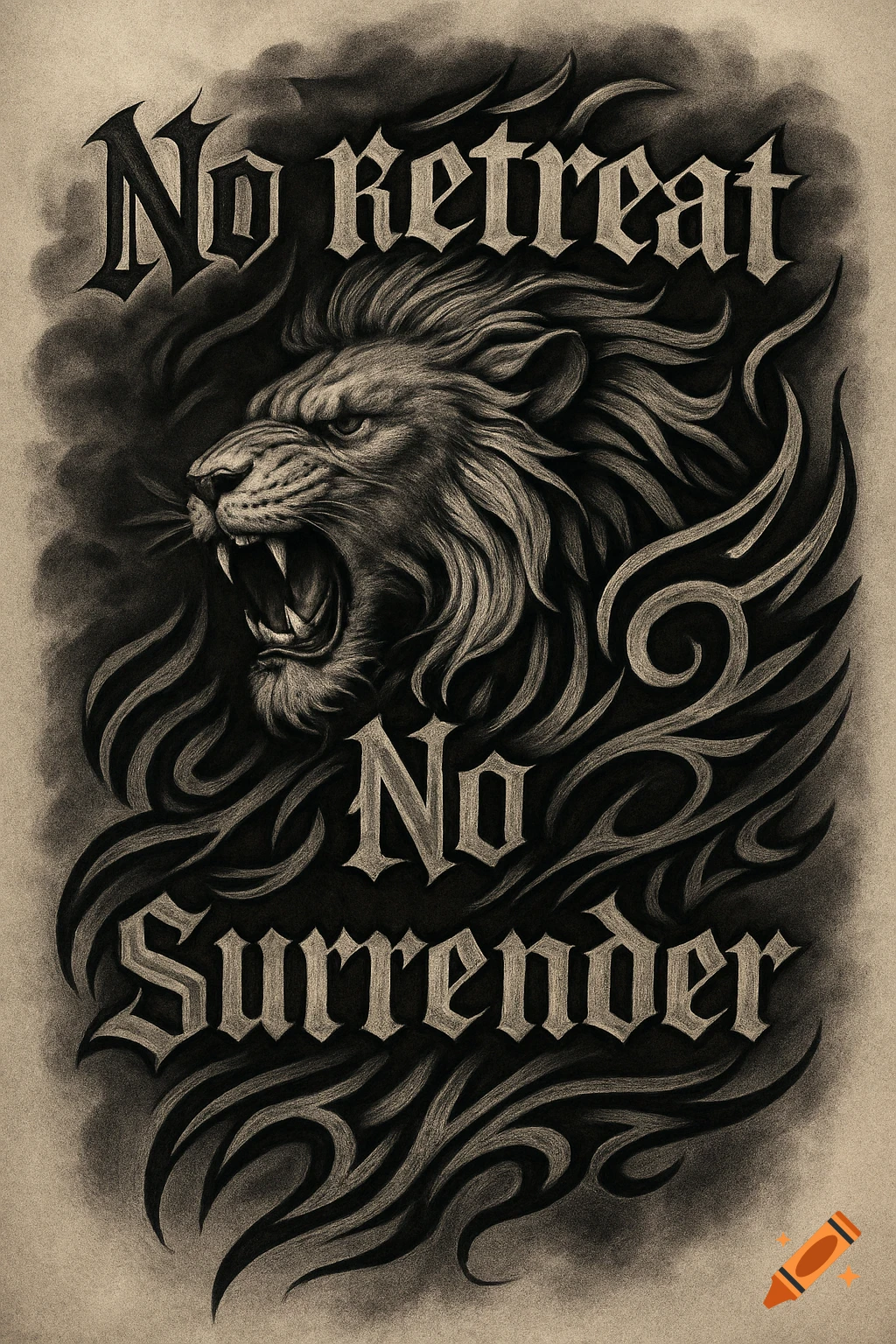 Grayscale tattoo design of a roaring lion's head with tribal patterns and the text 'No Retreat No Surrender'.