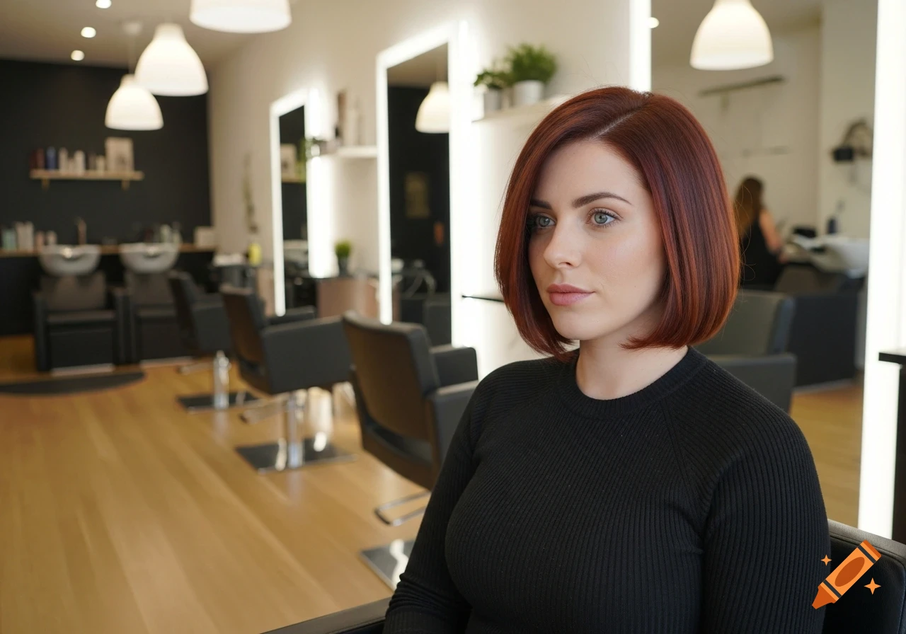 A photorealistic portrait of a woman with a short auburn bob haircut, seated in a modern hair salon.