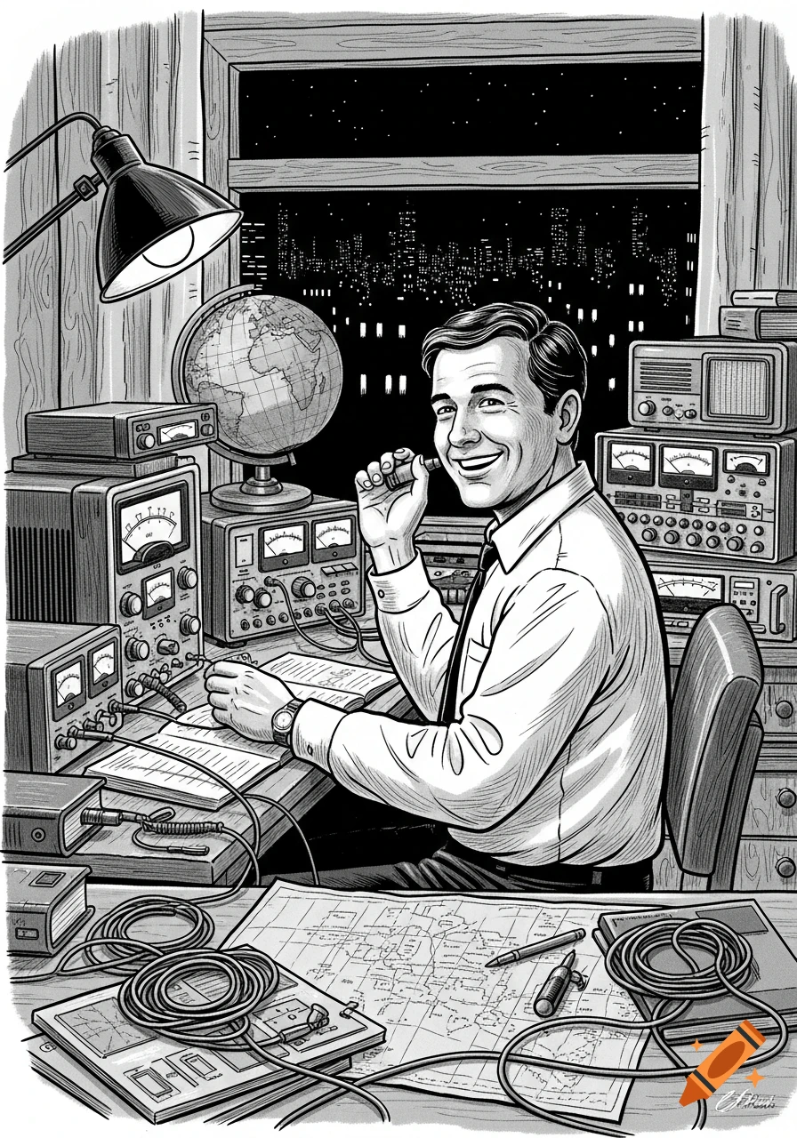 A black and white illustration of a happy man at a vintage radio station desk, operating equipment at night.