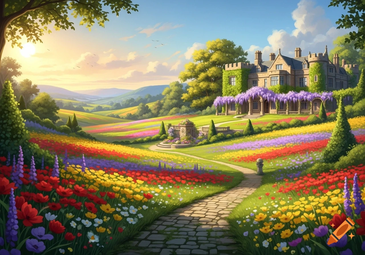 A vibrant fantasy landscape featuring a grand mansion surrounded by colorful flower fields and green hills under a bright sky, with a stone path leading through the garden.