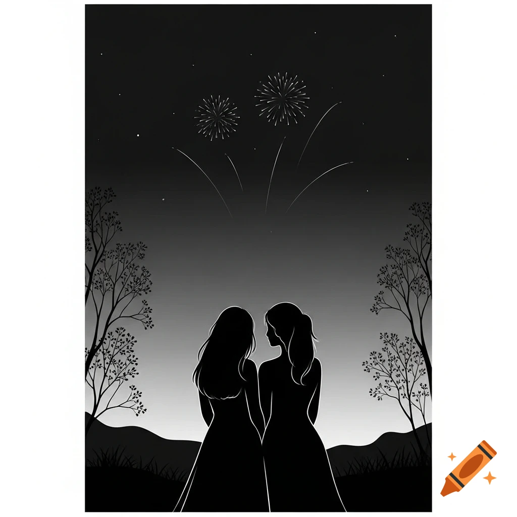 Black and white silhouette line art of two women watching fireworks explode in the night sky over a landscape with trees.