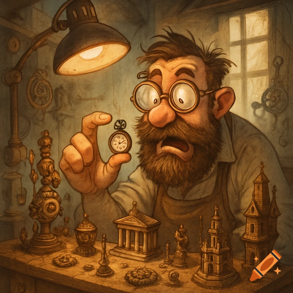 A worried, bespectacled, bearded man holds up a tiny pocket watch under a desk lamp in a detailed workshop filled with intricate miniatures.