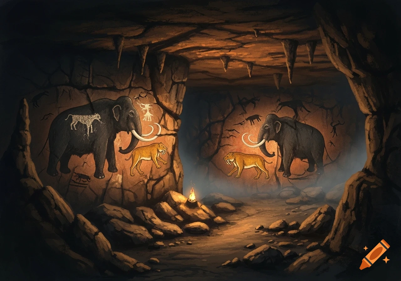 Cave paintings of mammoths and saber-toothed tigers on a rock wall inside a dimly lit prehistoric cave, with a small fire.