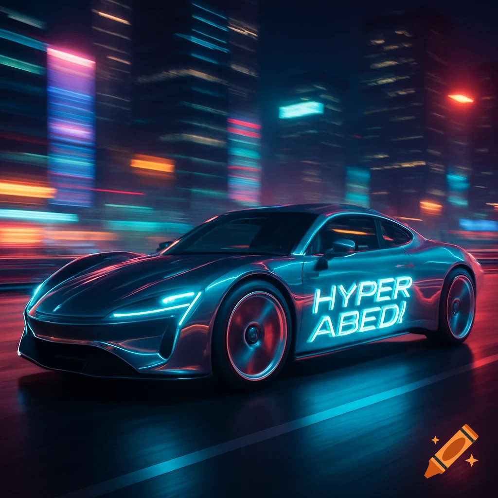 A futuristic neon-outlined sports car with 'HYPER ABEDI!' on its side speeds through a blurred, neon-lit city street at night.