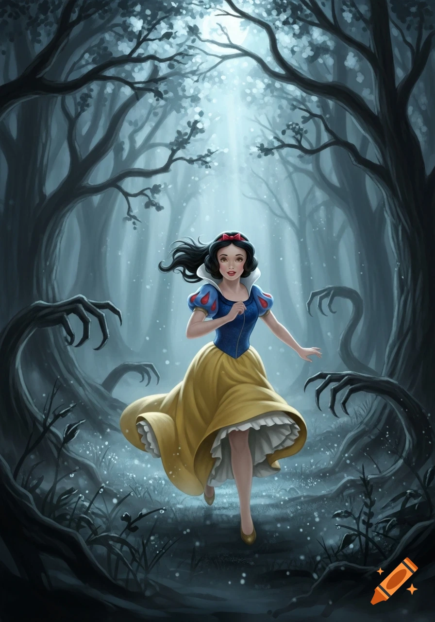 Snow White runs fearfully through a dark, spooky forest with gnarled tree branches reaching out, in a digital art style.