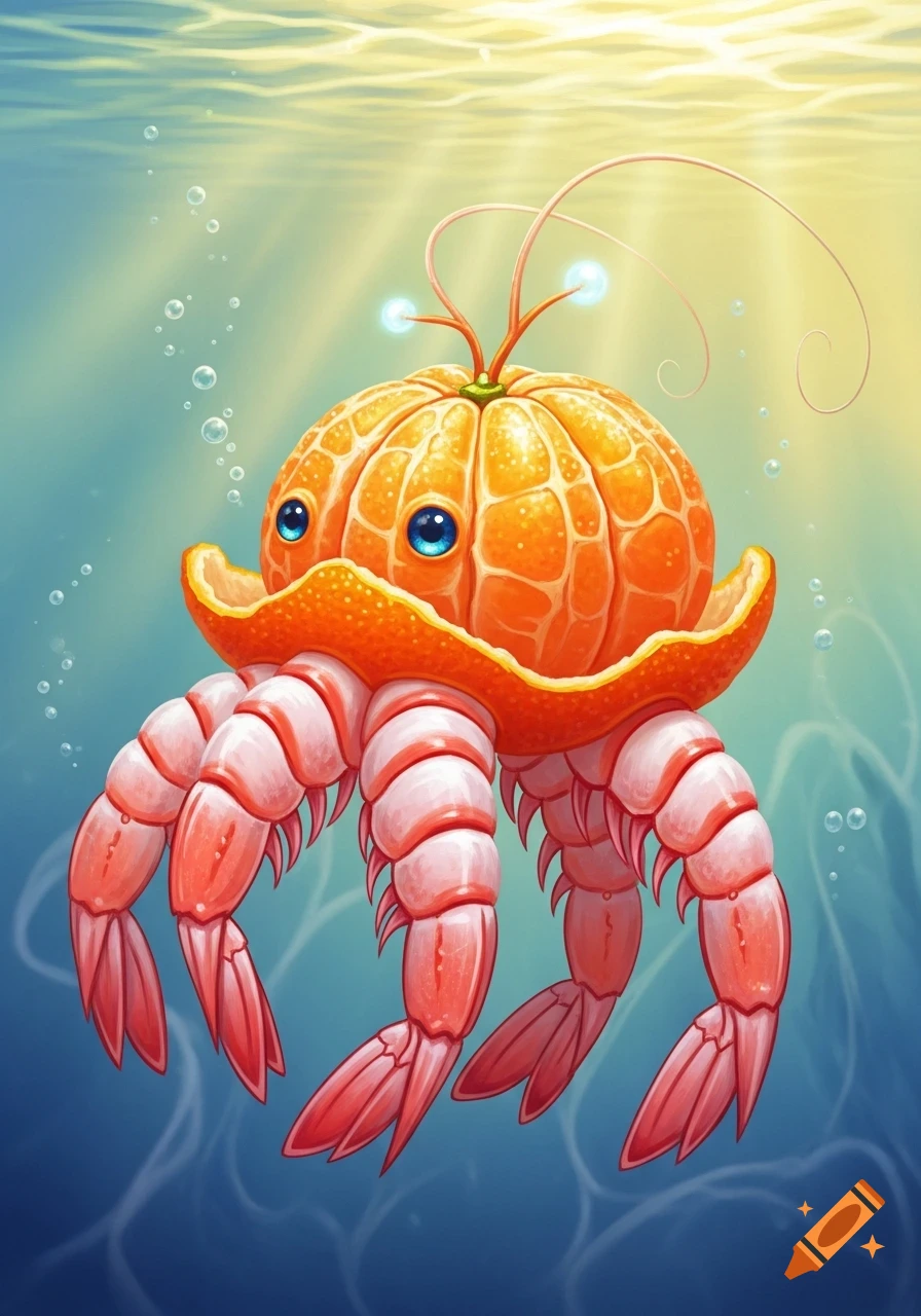 A whimsical cartoon creature, a hybrid of a tangerine and a shrimp, with big blue eyes, swims in a vibrant blue underwater scene with bubbles and light rays.