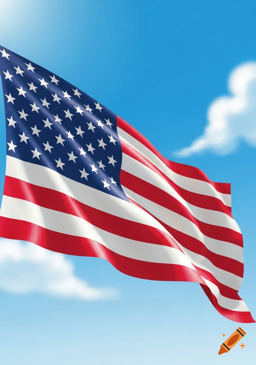 A waving American flag against a clear blue sky with soft white clouds.