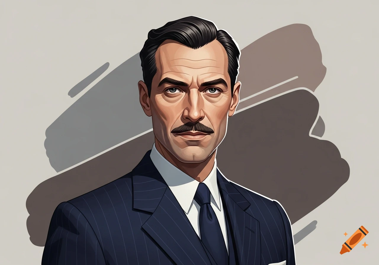 A stylized illustration of a man with a mustache and dark hair, wearing a pinstripe suit and tie, looking forward.