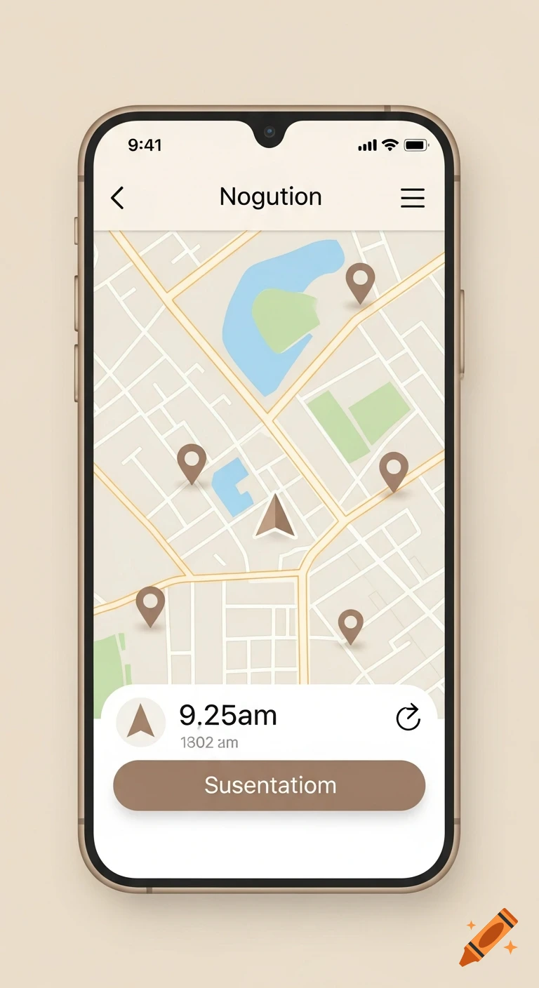 A beige smartphone displays a minimalist map navigation app with earth-tone roads, water, and location pins. The screen shows times and a button.