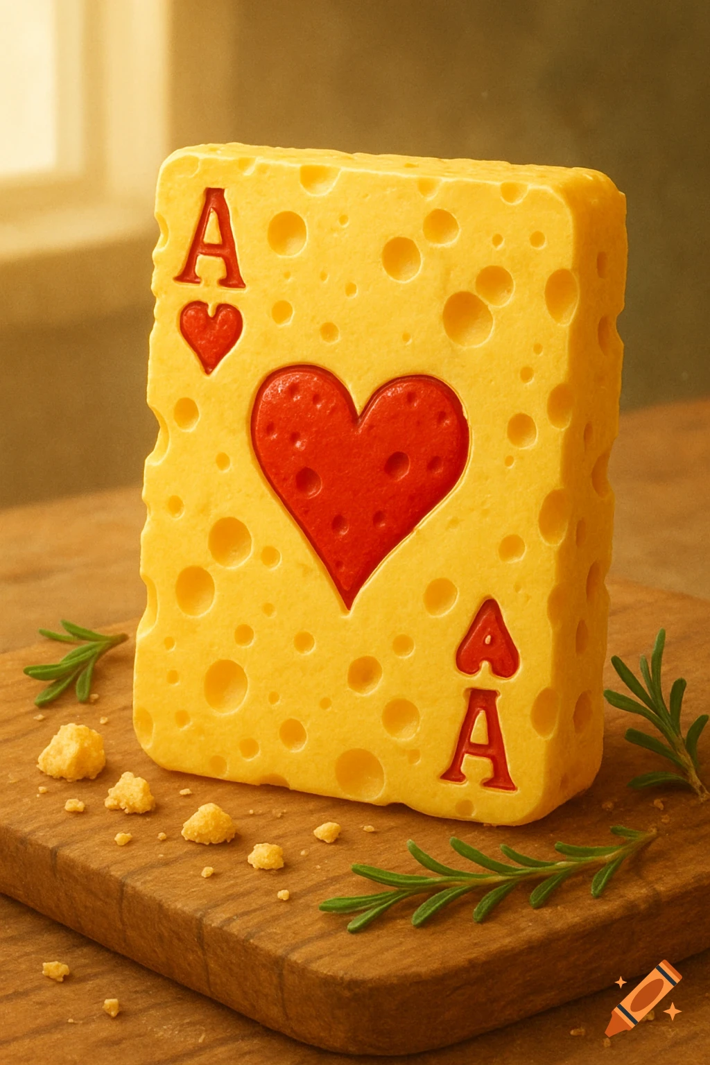 A photorealistic block of Swiss cheese shaped like an Ace of Hearts playing card, with red 'A's and hearts, on a wooden board with rosemary.
