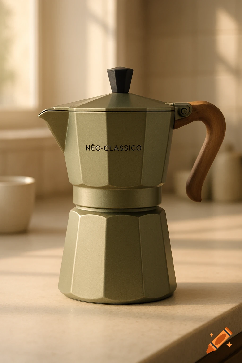 An olive green octagonal moka pot with a wooden handle sits on a kitchen counter under soft lighting, with text "NÈO-CLASSICO" on its side.