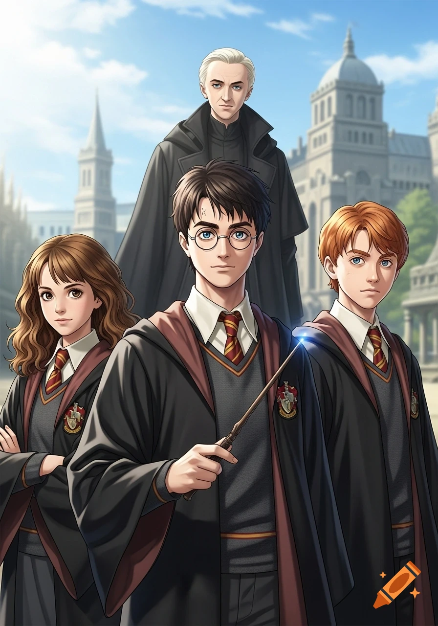 Anime illustration of Harry Potter, Hermione, and Ron in their robes, with Draco Malfoy behind them, in front of a castle under bright daylight.