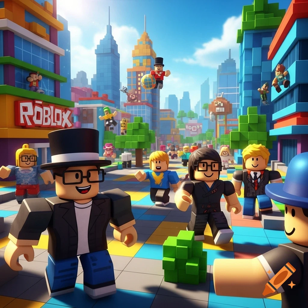 Blocky cartoon characters, including one with a top hat and glasses, walk through a vibrant, block-built city street with a 'ROBLOX' sign on a building.