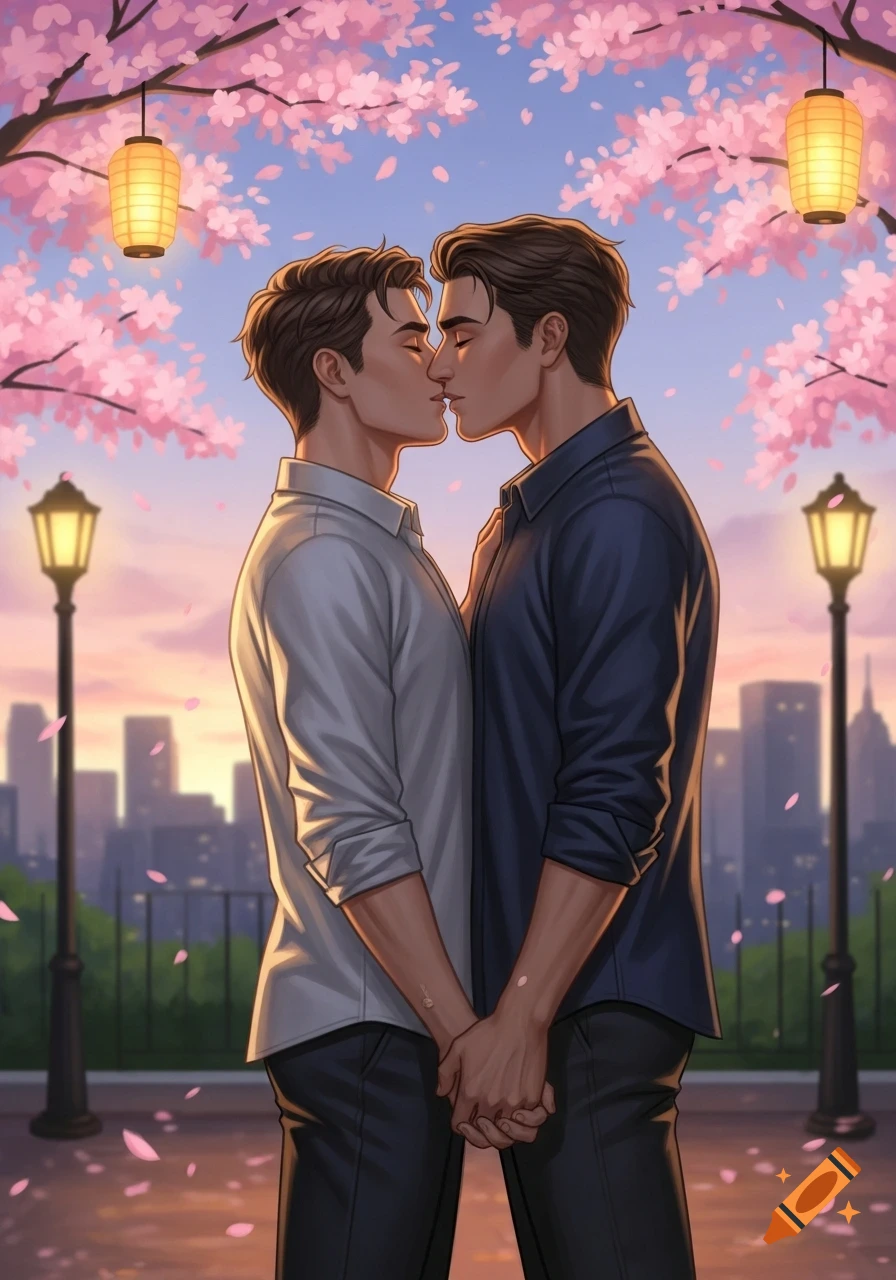 Two men kiss and hold hands under cherry blossoms at sunset with a city skyline, in a romantic digital art style.