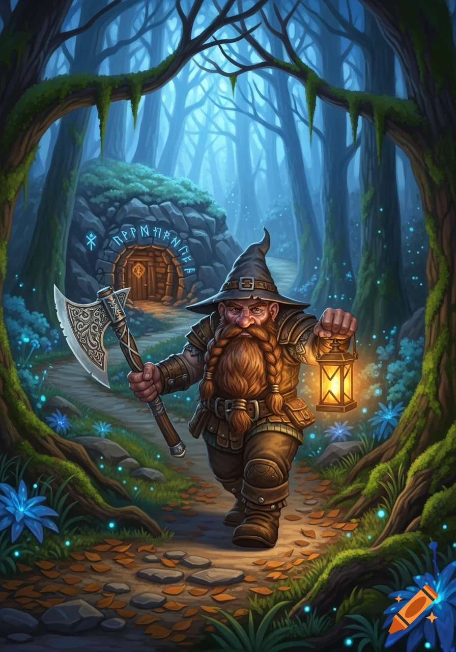 A stout fantasy dwarf with a braided beard, holding an axe and glowing lantern, walks on a forest path towards a mine entrance with glowing runes, in a detailed illustration.