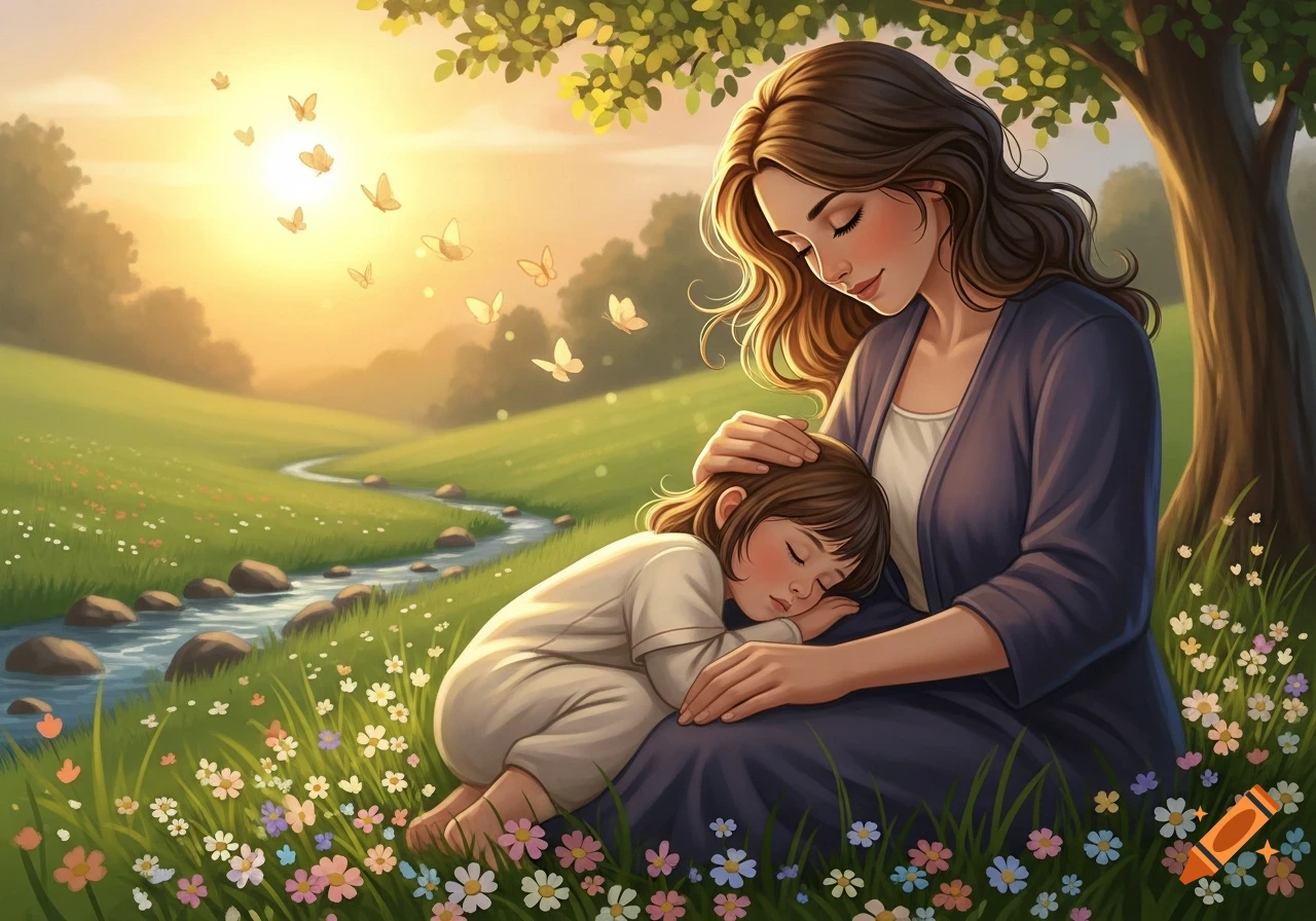 Illustration of a mother embracing her sleeping child in a sunlit meadow with flowers and butterflies.