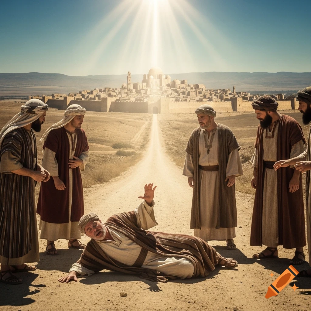 A man falls to the ground under a blinding light, surrounded by other men in a desert landscape with a city in the distance, photorealistic.