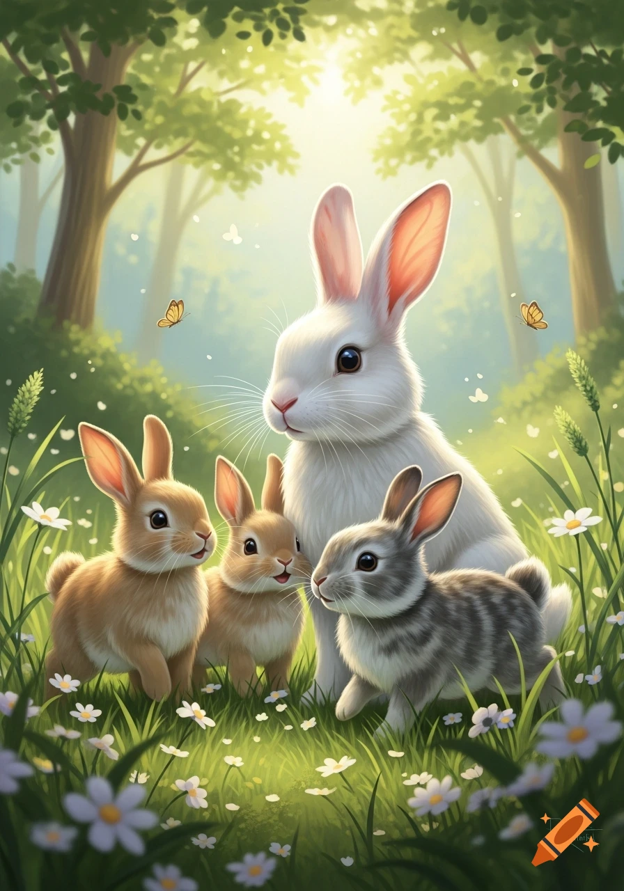 An illustrated image of a white mother bunny with three baby bunnies in a sunny, green forest with white flowers.