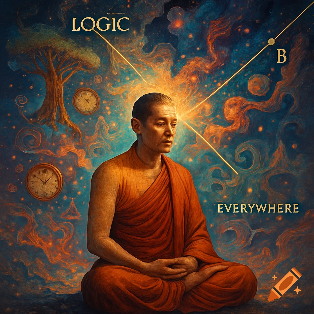 A meditating Tibetan monk against a cosmic background with golden lines of logic and swirling nebulae of imagination, in a surreal, spiritual style.