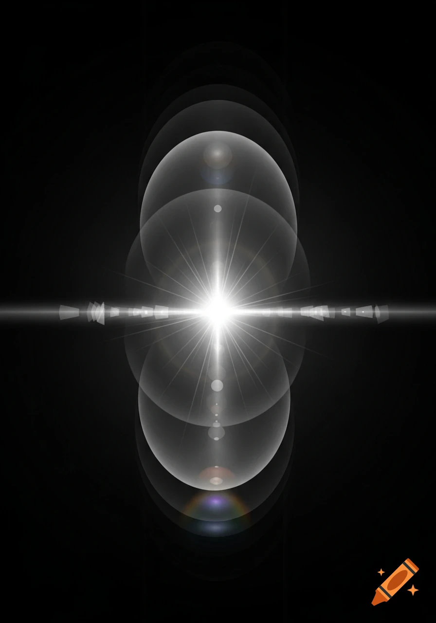 A bright white lens flare with a starburst effect and concentric light rings on a black background.