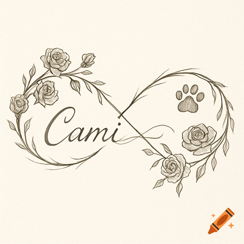 Pencil sketch of an infinity symbol made of vines and roses, with the name Cami and a paw print inside, and a heart as the dot of the "i".