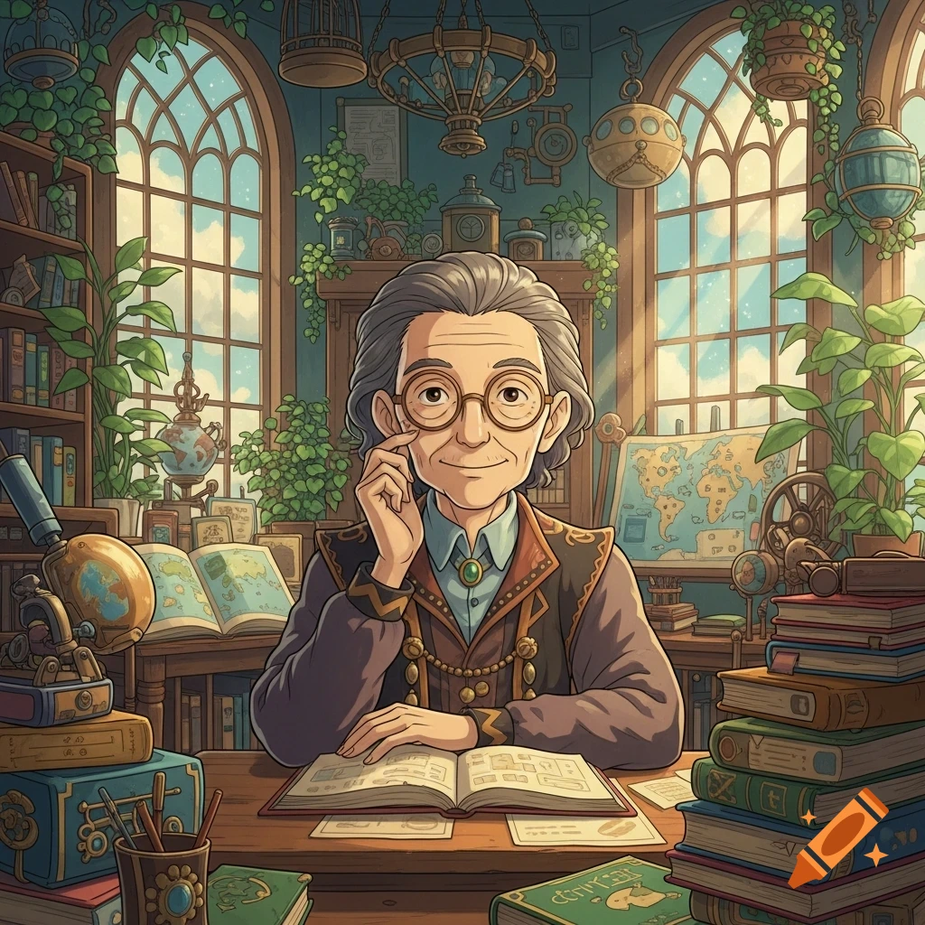 An elderly person with glasses and gray hair sits at a desk in a plant-filled library with open books and globes in Miyazaki style.