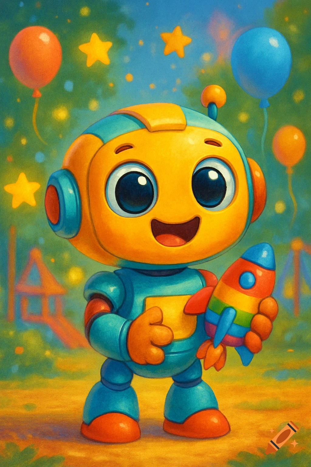 A cute, colorful cartoon robot with big eyes smiles, holding a rainbow toy rocket in a bright outdoor setting with balloons and stars.