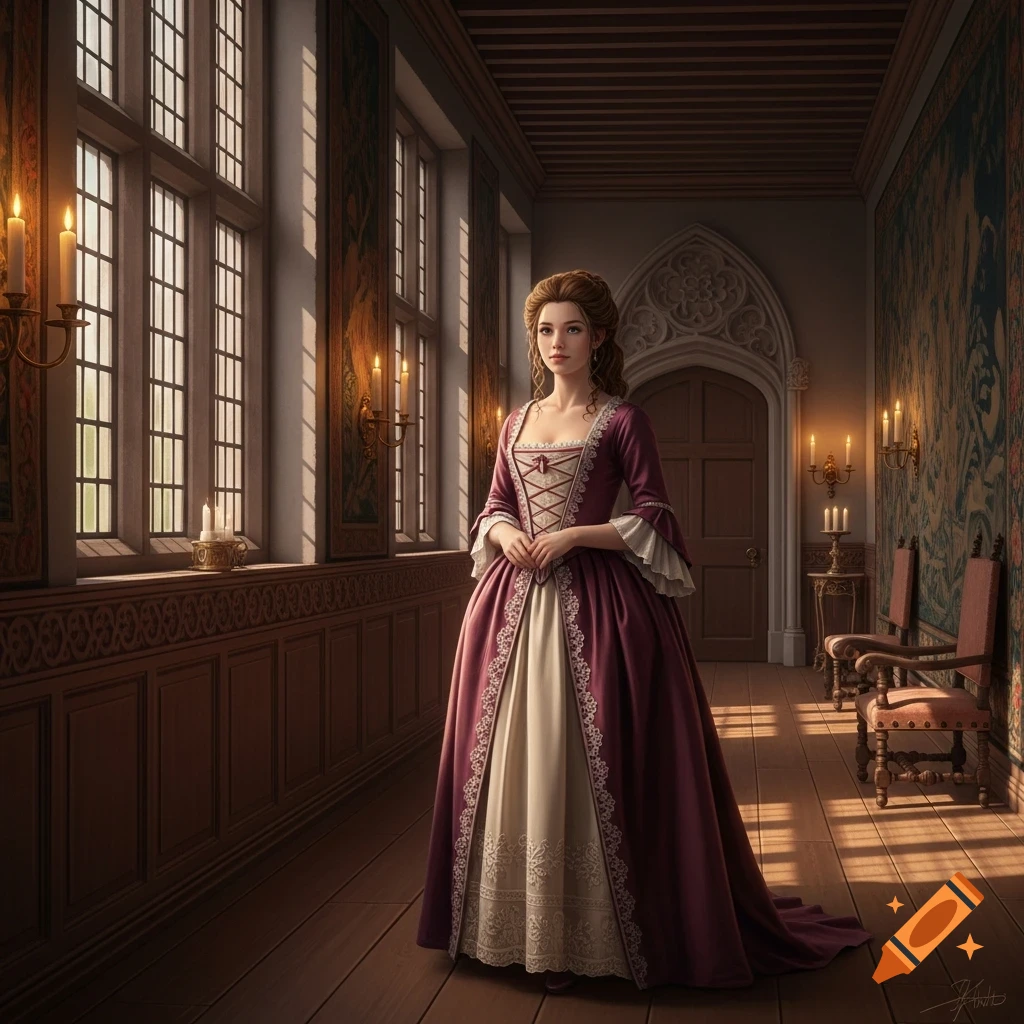 A young woman in a 17th-century purple gown stands in a grand hallway with tall windows and tapestries, sunlight streaming in. Photorealistic.