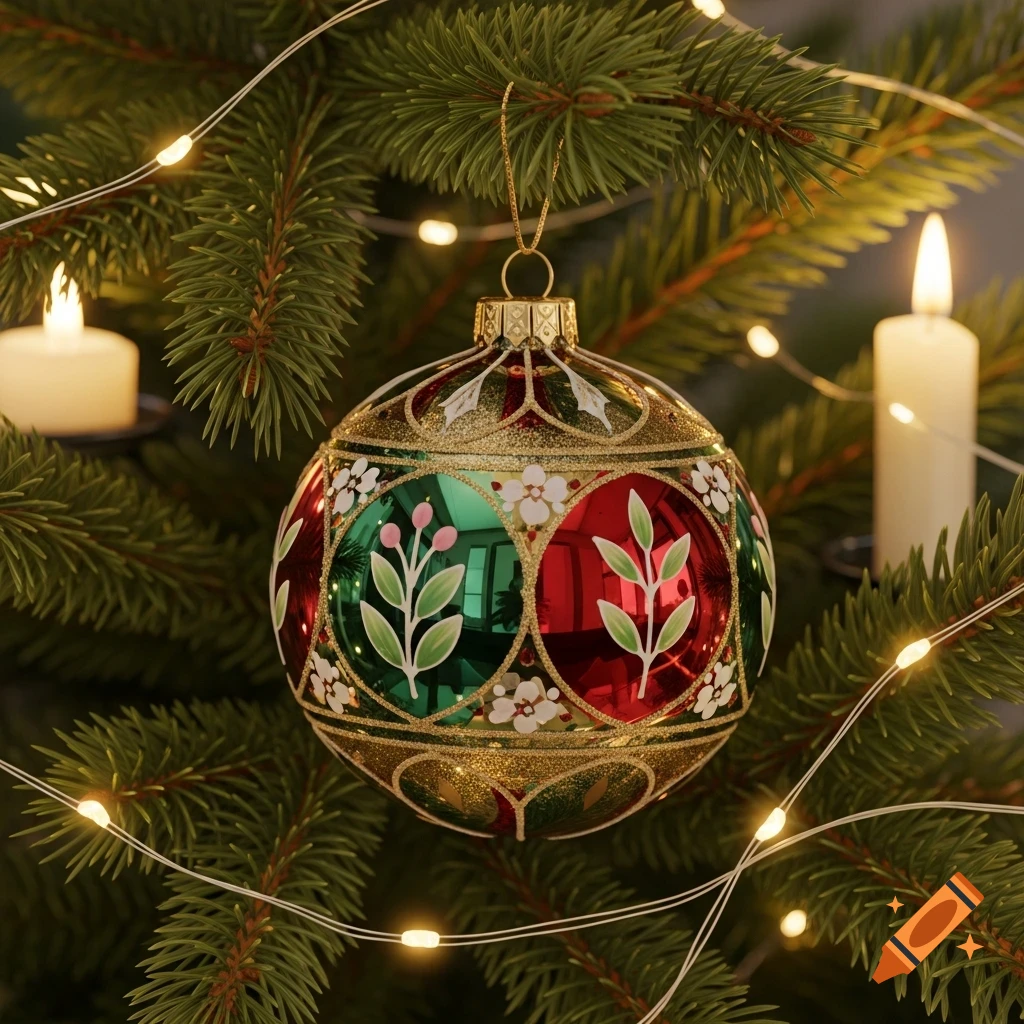 A red and green ornate Christmas ornament with gold and white floral patterns hangs on a Christmas tree adorned with fairy lights and lit candles.
