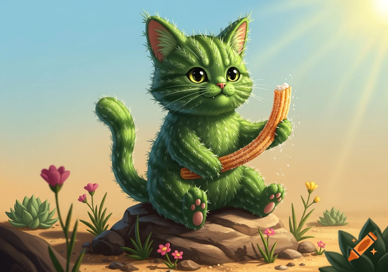 A cute, green, spiky cactus cat with big eyes sits on a rock in a desert, holding a sugar-dusted churro with cream.